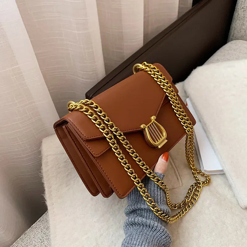 Women's Leather Shoulder Bag With Chain Small Handbags Brown Crossbody Bag