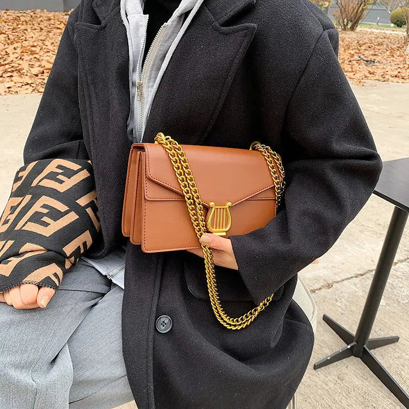 Women's Leather Shoulder Bag With Chain Small Handbags Brown Crossbody Bag