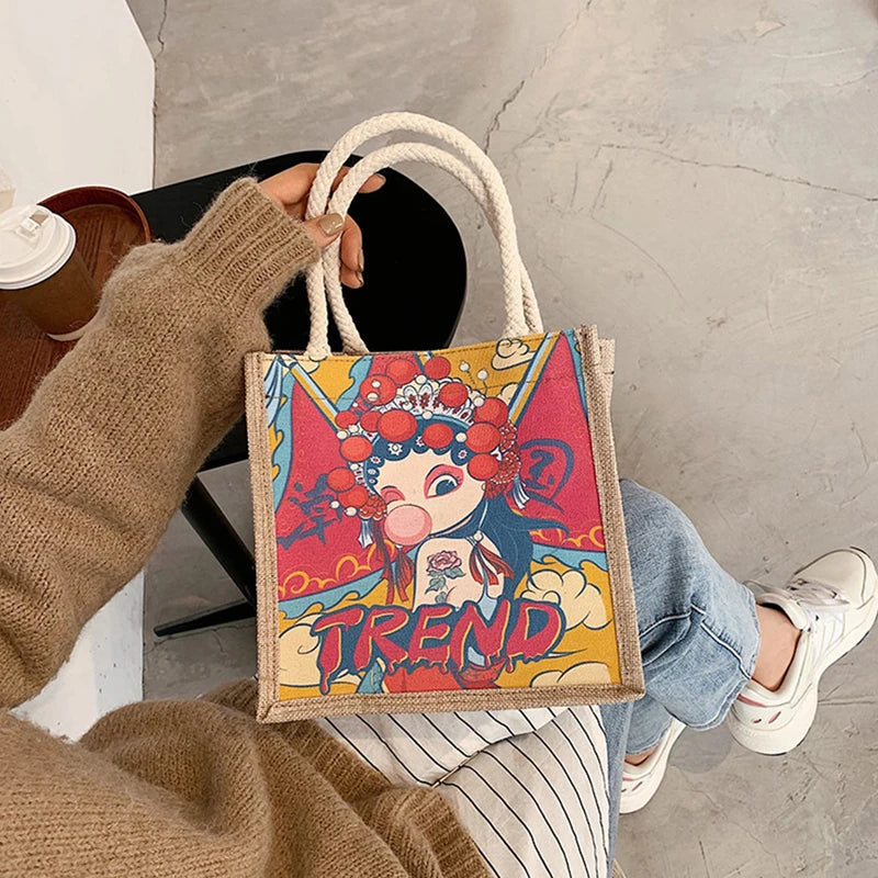 Women's Retro Small Tote Bag w/ Theater Girl/Mushroom/Flamingo Pattern