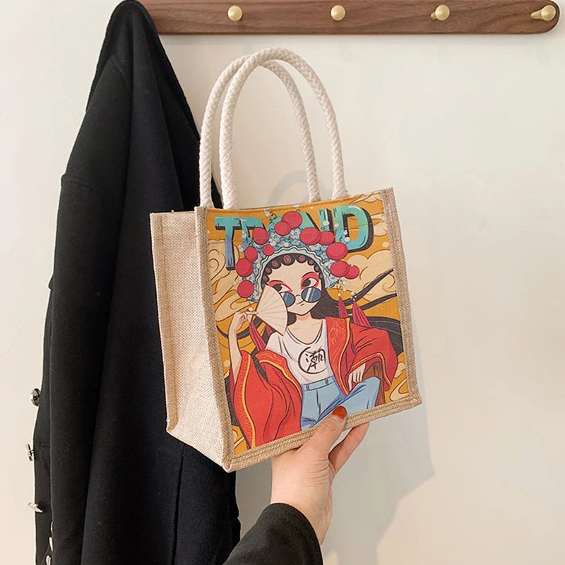 Women's Retro Small Tote Bag w/ Theater Girl/Mushroom/Flamingo Pattern