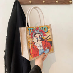 Women's Retro Small Tote Bag w/ Theater Girl/Mushroom/Flamingo Pattern