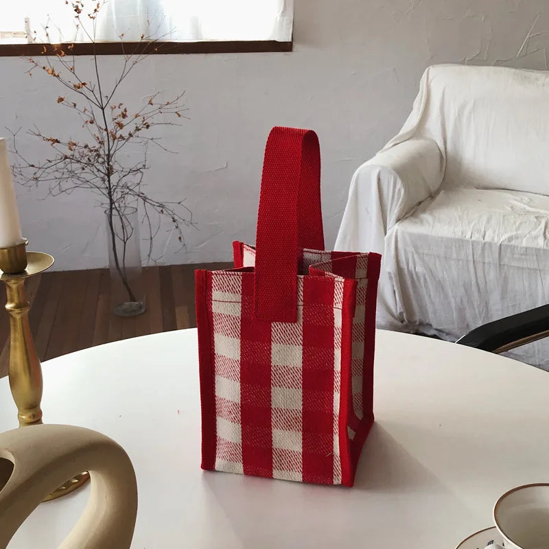 Women Plaid Lunch Bag Tote Canvas Shopping Mummy Picnic Tote Children Kid Food