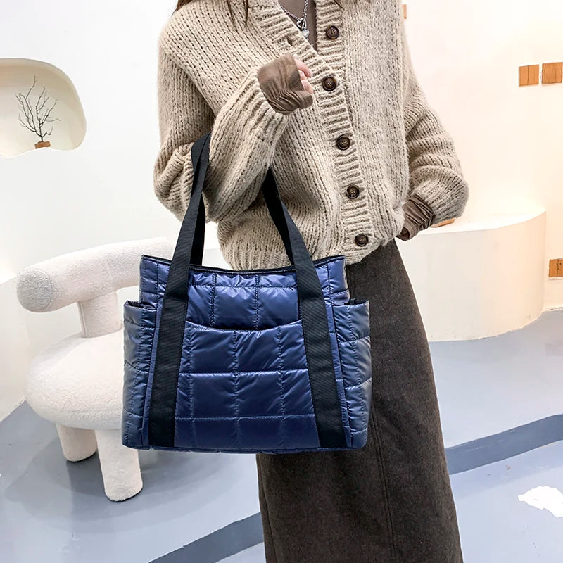 Women Large Padded Shoulder Bag Winter Knitting Tote Handbag