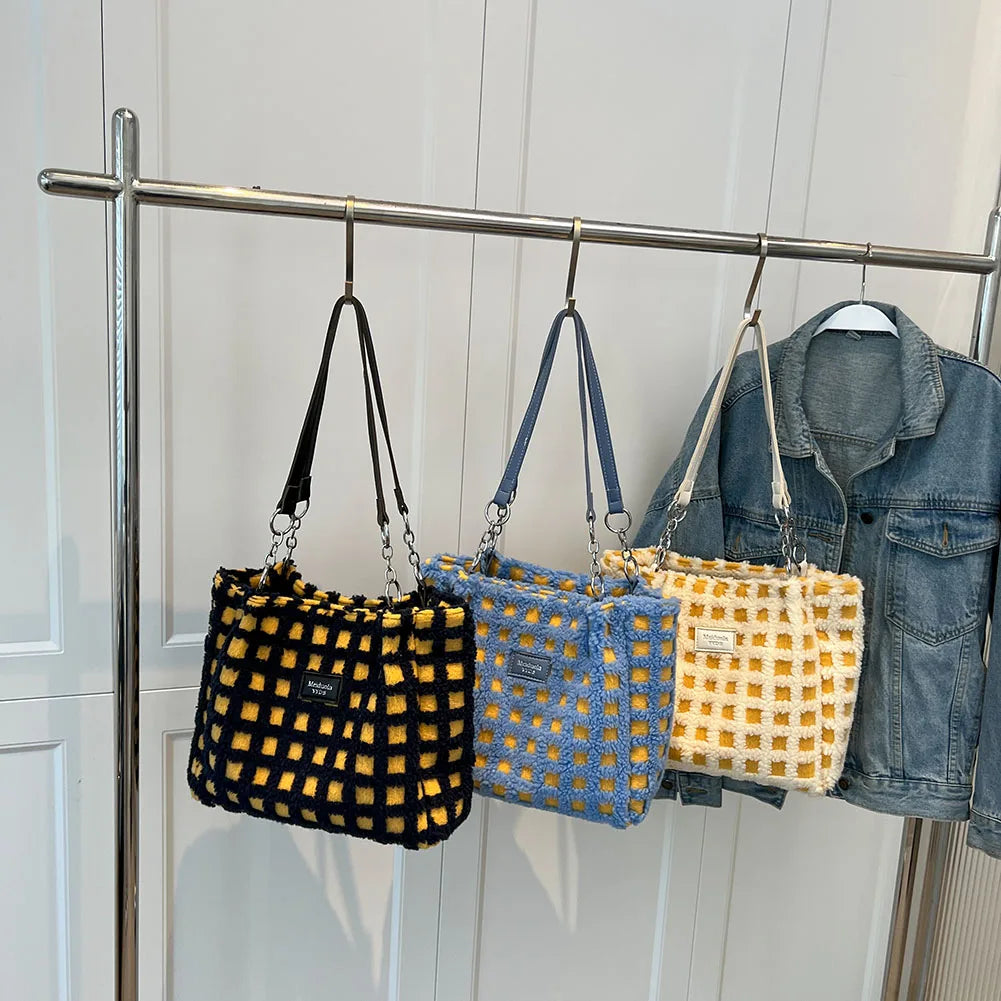 Plaid Zipper Handbag Casual Tote Bag for Women