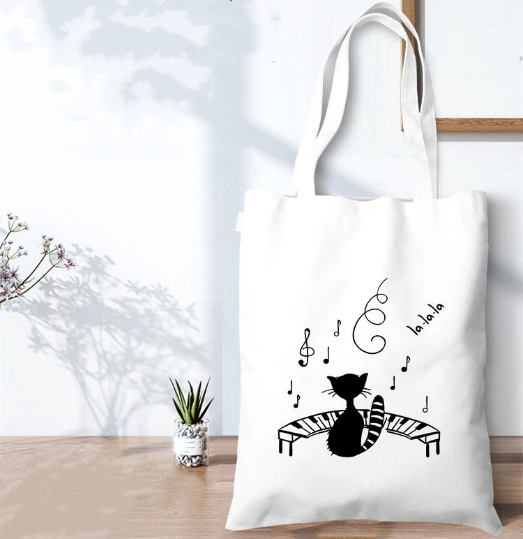 Musical Instrument Canvas Tote Bag Eco Reusable Harajuku Book Bag