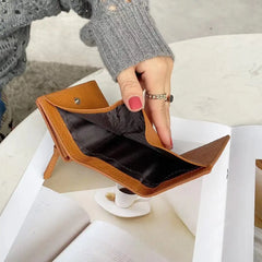 Women Short Wallets Cow Leather Trifold Purse with Rivet Decor
