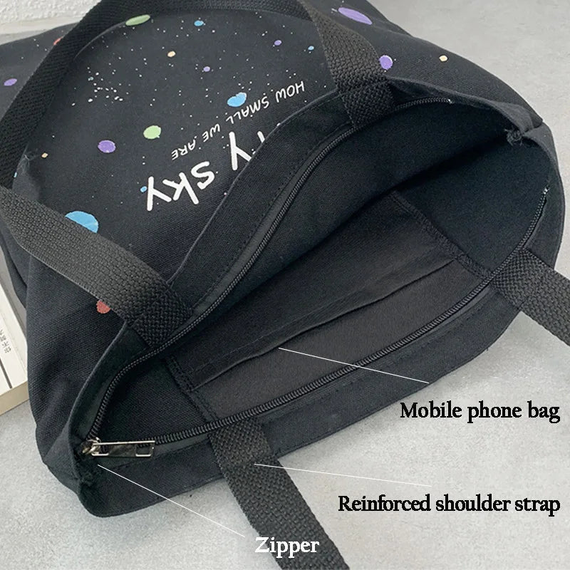 Starry Sky Canvas Tote Bag with Zipper, Large Capacity Handbag