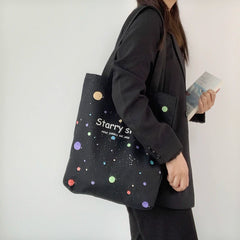 Starry Sky Canvas Tote Bag with Zipper, Large Capacity Handbag