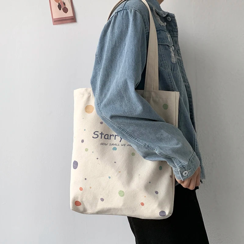 Starry Sky Canvas Tote Bag with Zipper, Large Capacity Handbag