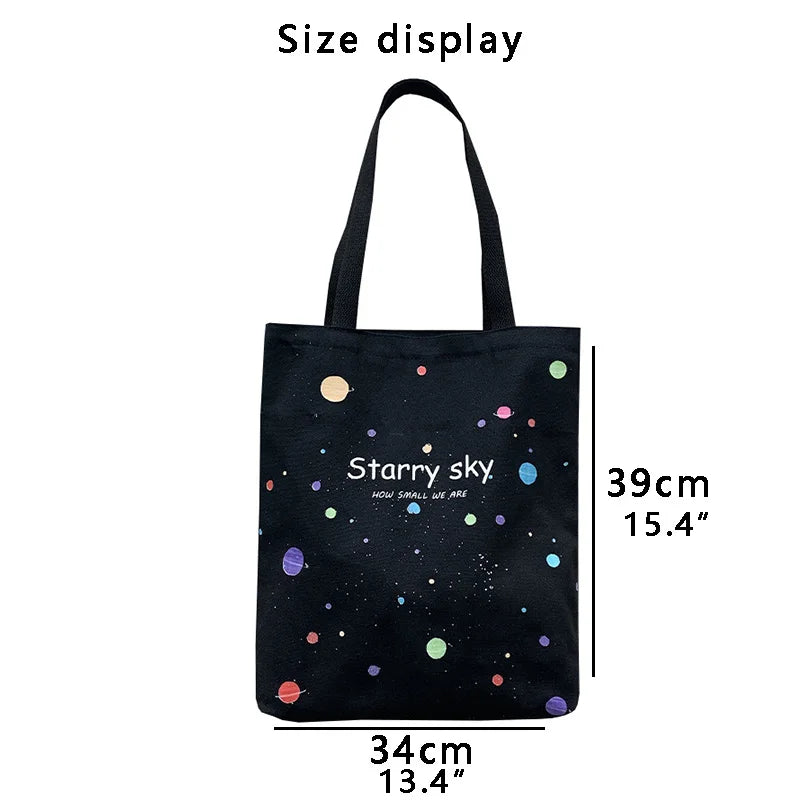 Starry Sky Canvas Tote Bag with Zipper, Large Capacity Handbag
