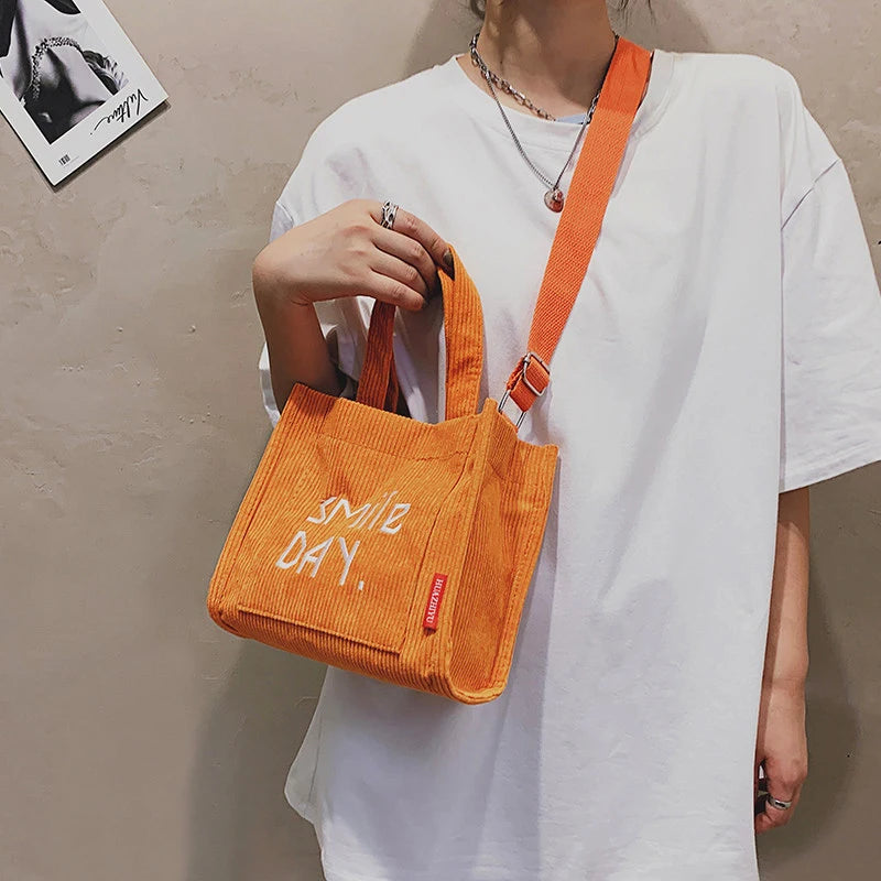 Corduroy Mini Shoulder Bag with Embroidery - Cute Top Handle Tote Handbag
