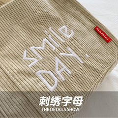 Corduroy Mini Shoulder Bag with Embroidery - Cute Top Handle Tote Handbag