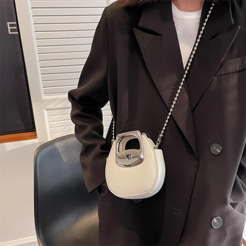 Women Shoulder Bag PU Leather Purse Handbag Beaded Chain Small Round Bag