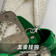 Women Shoulder Bag PU Leather Purse Handbag Beaded Chain Small Round Bag