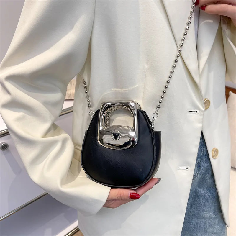 Women Shoulder Bag PU Leather Purse Handbag Beaded Chain Small Round Bag