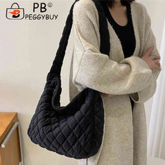Women Shoulder Bag Quilted Rhombus Large Capacity Zipper Retro Purse