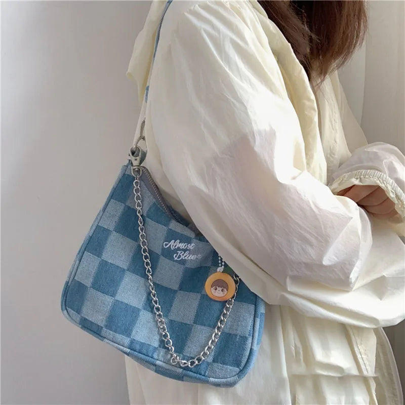 Women Shoulder Bag Denim Plaid Handbags Messenger Bags