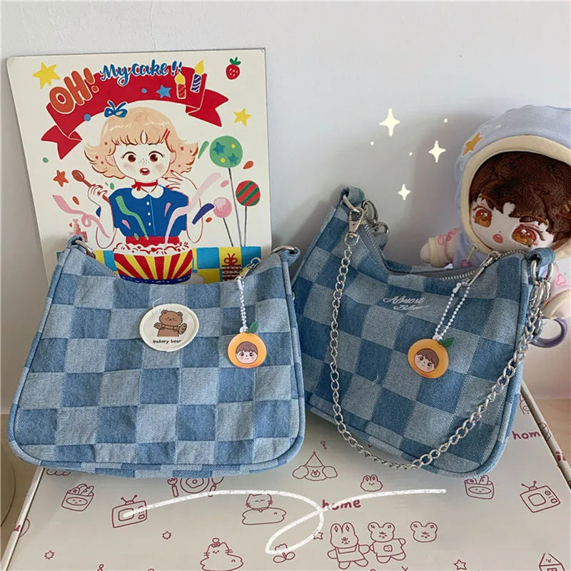 Women Shoulder Bag Denim Plaid Handbags Messenger Bags