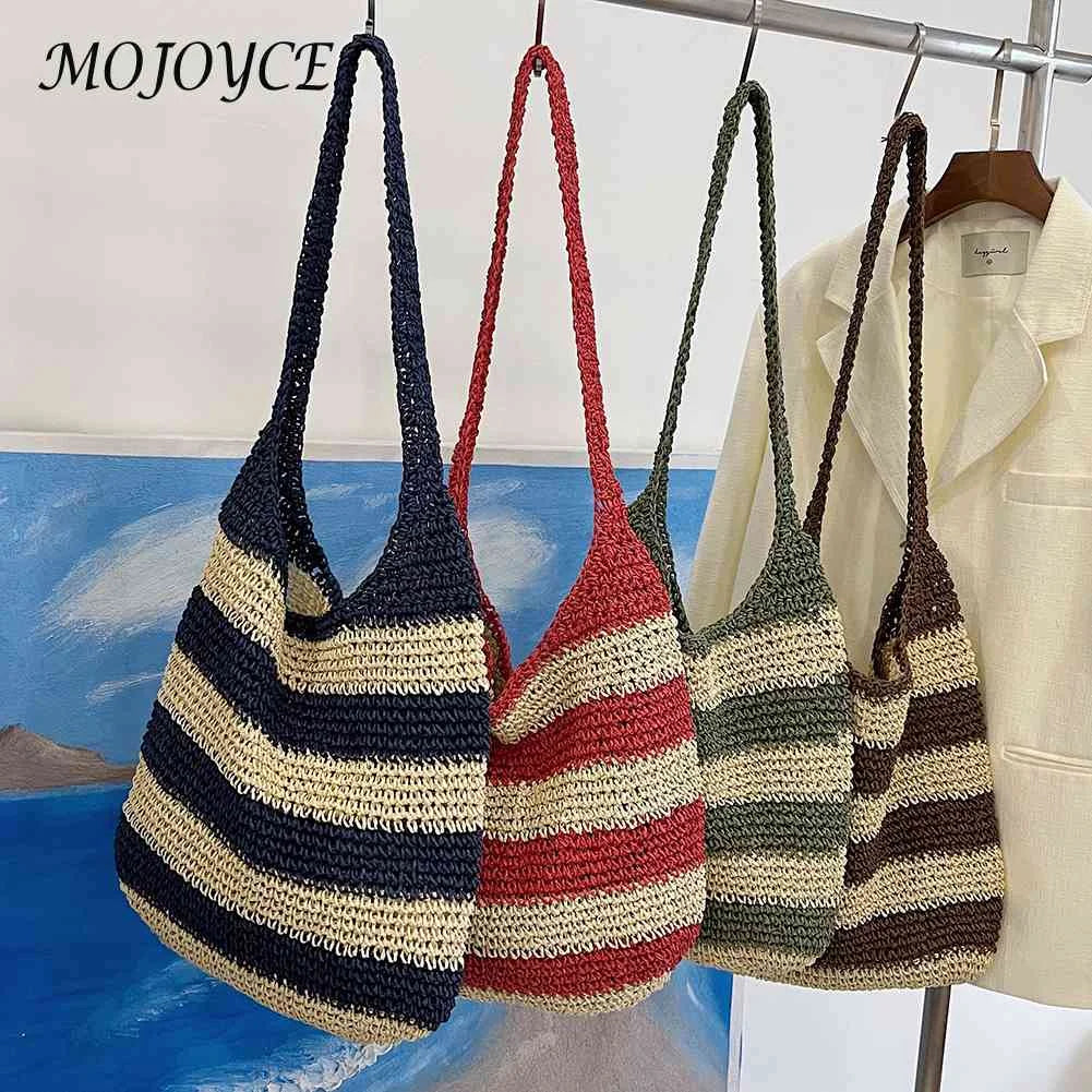 Women Shoulder Bag Straw Weave Casual Travel Tote Hollow Striped Large Capacity