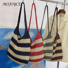 Women Shoulder Bag Straw Weave Casual Travel Tote Hollow Striped Large Capacity
