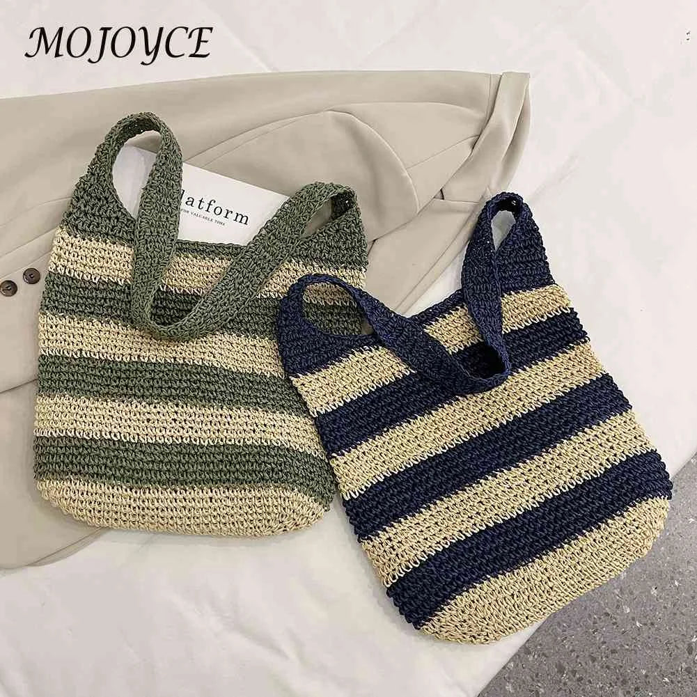 Women Shoulder Bag Straw Weave Casual Travel Tote Hollow Striped Large Capacity