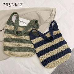 Women Shoulder Bag Straw Weave Casual Travel Tote Hollow Striped Large Capacity