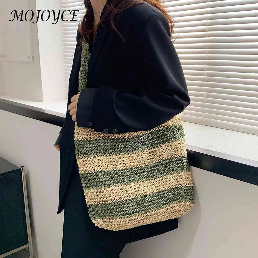 Women Shoulder Bag Straw Weave Casual Travel Tote Hollow Striped Large Capacity