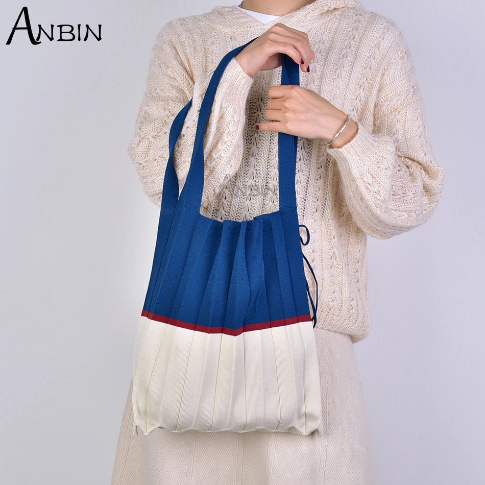 Women Shoulder Bag Knitted Colour Blocking Pleated Handbag