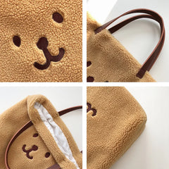 Fluffy Fur Handbags Tote Bear Embroidery Lady Shopper Shopping Bag