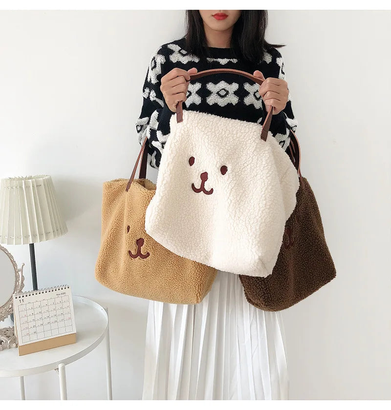 Fluffy Fur Handbags Tote Bear Embroidery Lady Shopper Shopping Bag