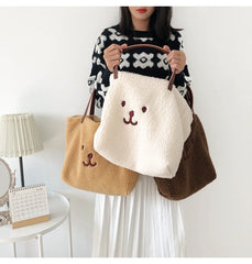 Fluffy Fur Handbags Tote Bear Embroidery Lady Shopper Shopping Bag