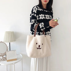 Fluffy Fur Handbags Tote Bear Embroidery Lady Shopper Shopping Bag