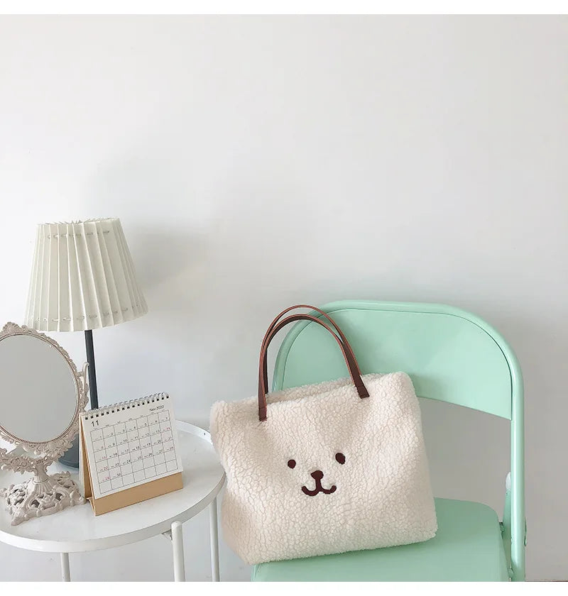 Fluffy Fur Handbags Tote Bear Embroidery Lady Shopper Shopping Bag