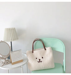 Fluffy Fur Handbags Tote Bear Embroidery Lady Shopper Shopping Bag