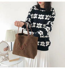 Fluffy Fur Handbags Tote Bear Embroidery Lady Shopper Shopping Bag