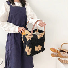 Fluffy Fur Handbags Tote Bear Embroidery Lady Shopper Shopping Bag