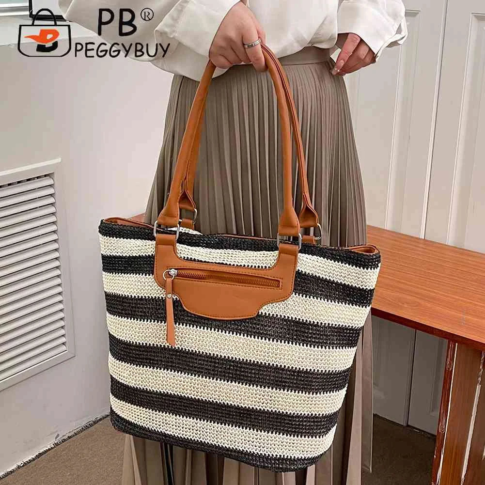 Knit Striped Shoulder Bag Large Capacity Zipper Soft for Travel Daily