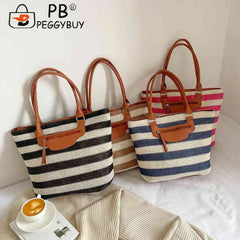 Knit Striped Shoulder Bag Large Capacity Zipper Soft for Travel Daily