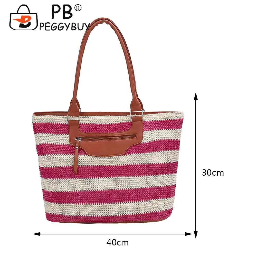 Knit Striped Shoulder Bag Large Capacity Zipper Soft for Travel Daily