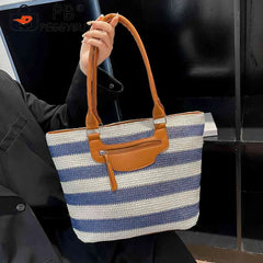 Knit Striped Shoulder Bag Large Capacity Zipper Soft for Travel Daily