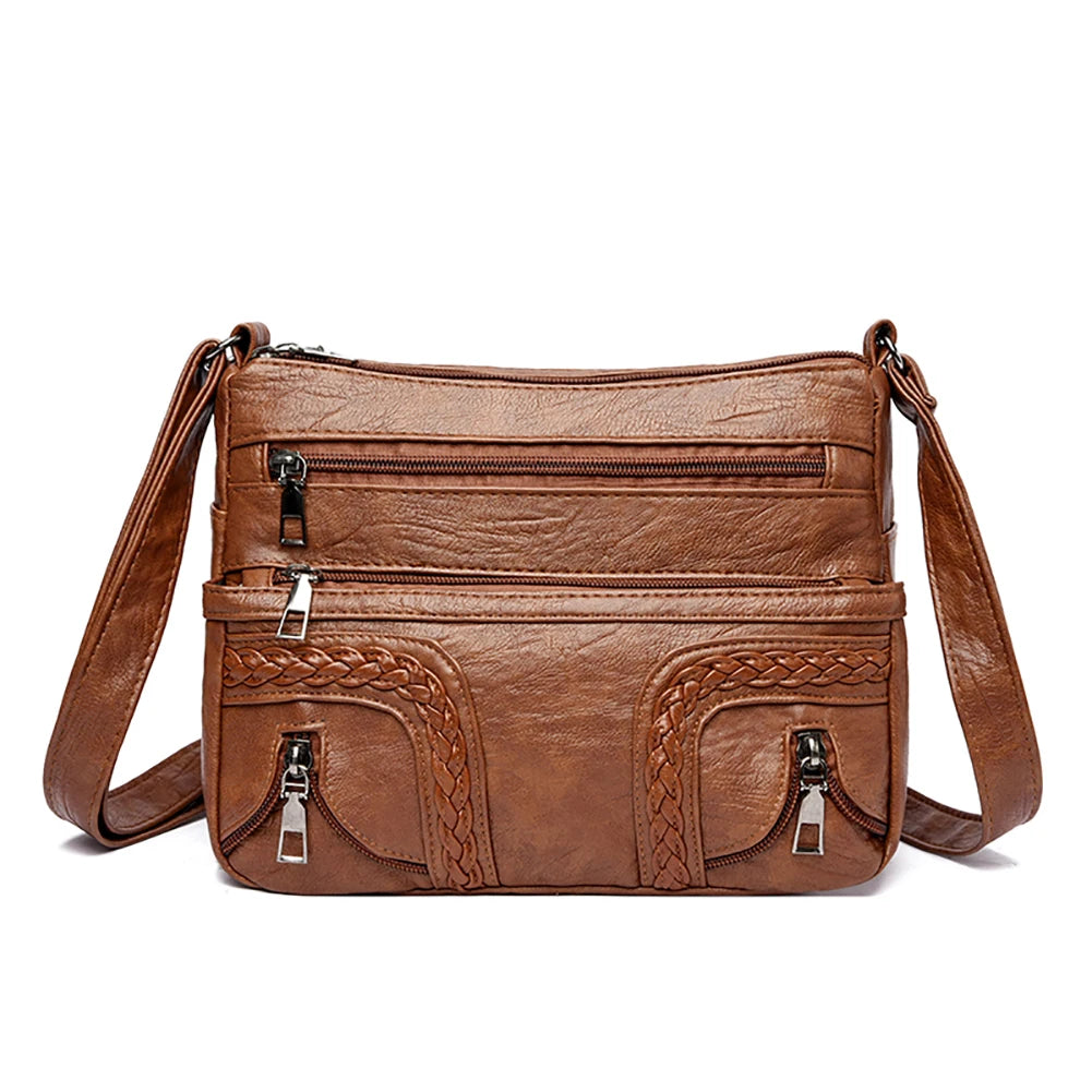 Women Shoulder Bag PU Leather Crossbody Bag Multi-Pockets Messenger Bag