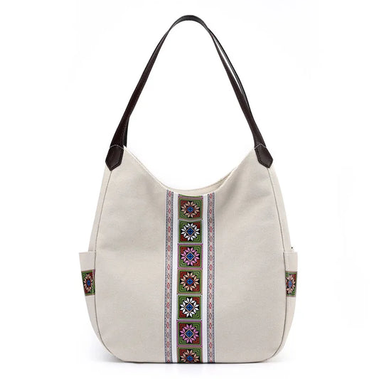 Embroidered Canvas Shoulder Bag Zipper Printed Women Handbag