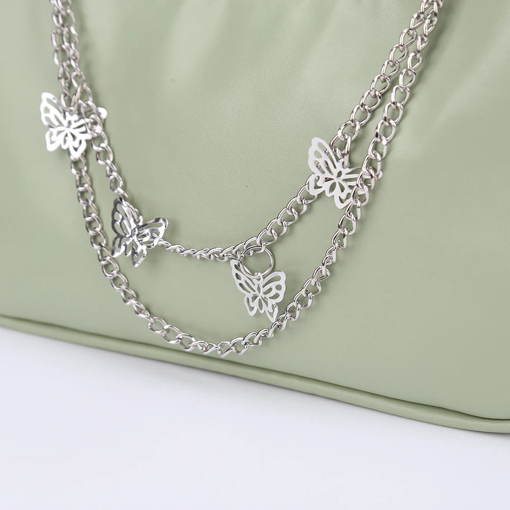 Women PU Leather Shoulder Bag Solid Butterfly Chain Zipper Closure Casual Tote