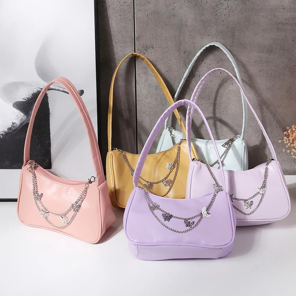 Women PU Leather Shoulder Bag Solid Butterfly Chain Zipper Closure Casual Tote