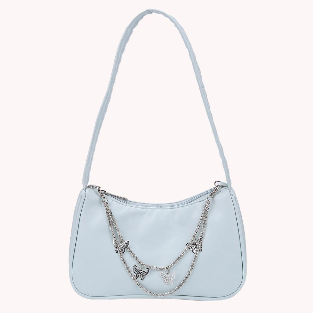 Women PU Leather Shoulder Bag Solid Butterfly Chain Zipper Closure Casual Tote