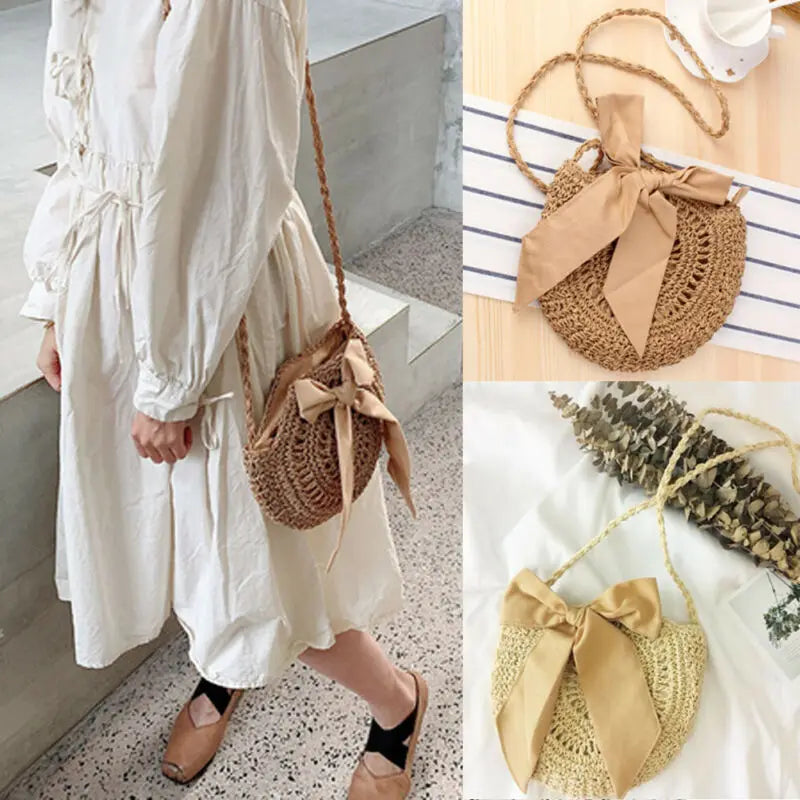 Women Rattan Shoulder Bag Hand Woven Straw Beach Boho Crossbody Bag