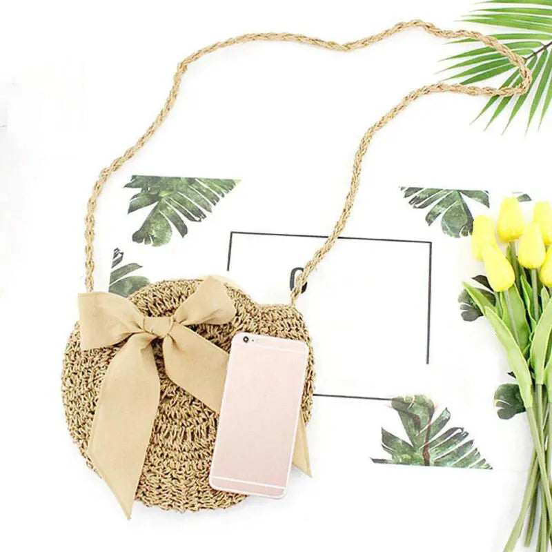 Women Rattan Shoulder Bag Hand Woven Straw Beach Boho Crossbody Bag