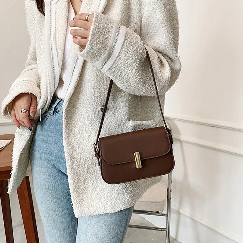 Women Shoulder Bag Solid Handbag INS Black/Coffee/Brown PU Leather Square Bags