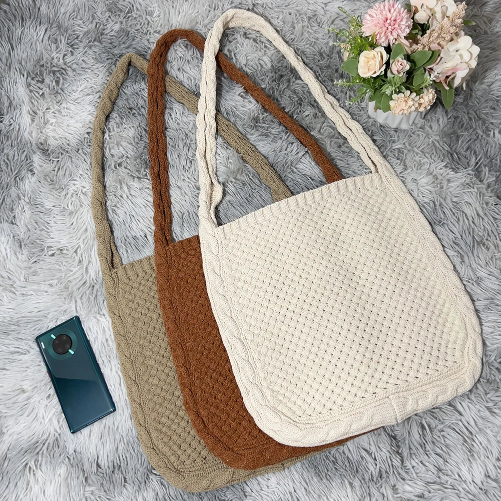 Women Shoulder Bag Knitted Handbag Boho Style Shopping Woven Handbag
