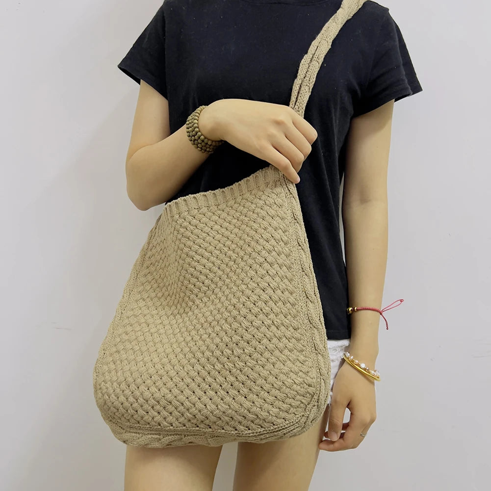 Women Shoulder Bag Knitted Handbag Boho Style Shopping Woven Handbag